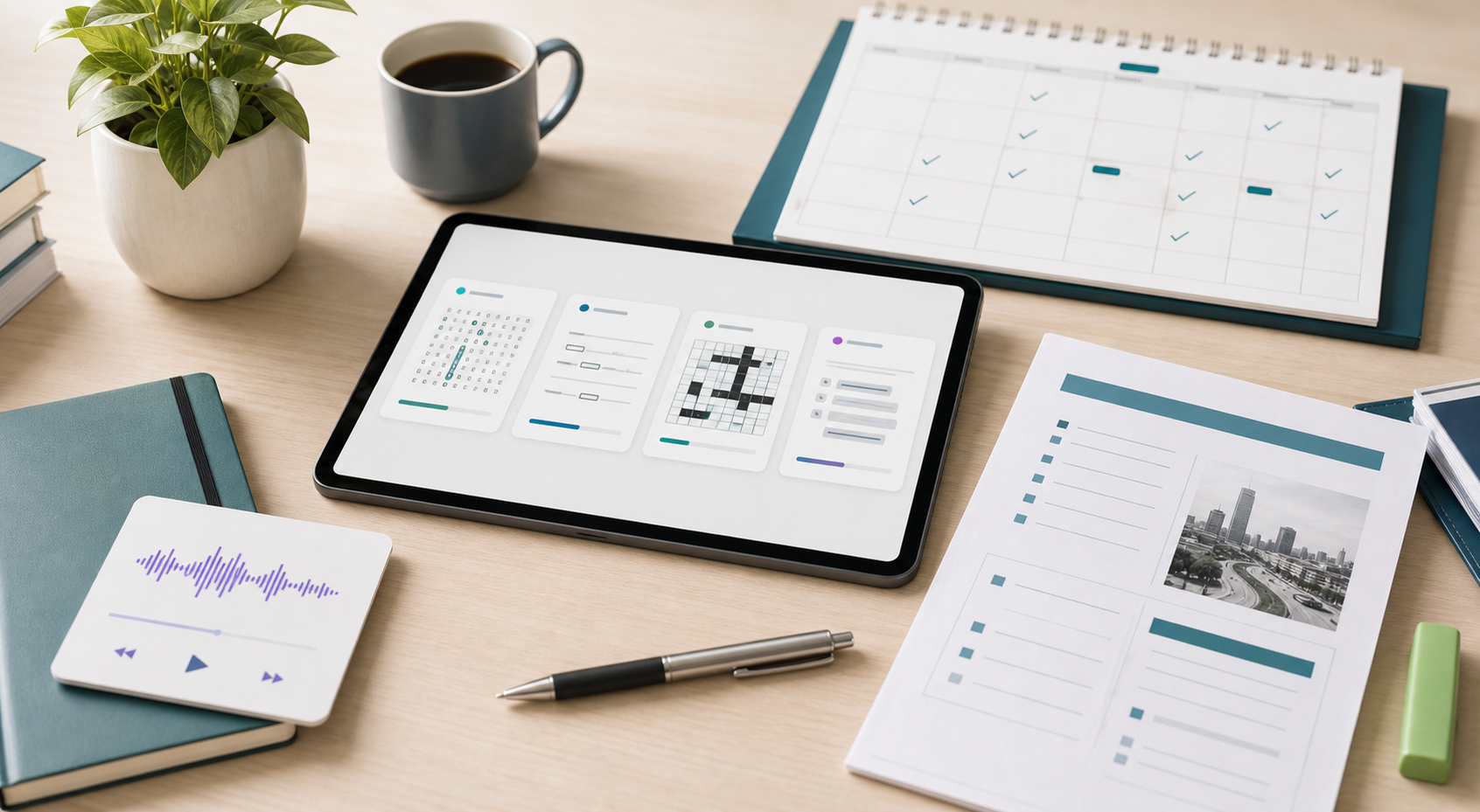 Tablet z modułami ćwiczeń, arkusz do druku, plan pracy i kafel audio